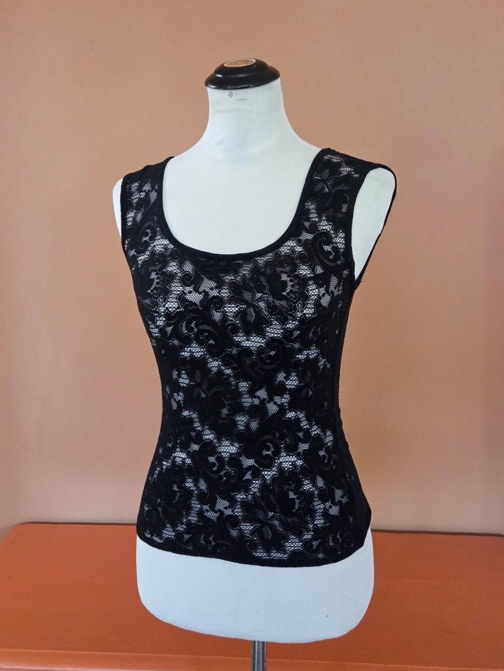 Vintage Black Lace Top / Stretchy Sheer Floral Blouse / Small